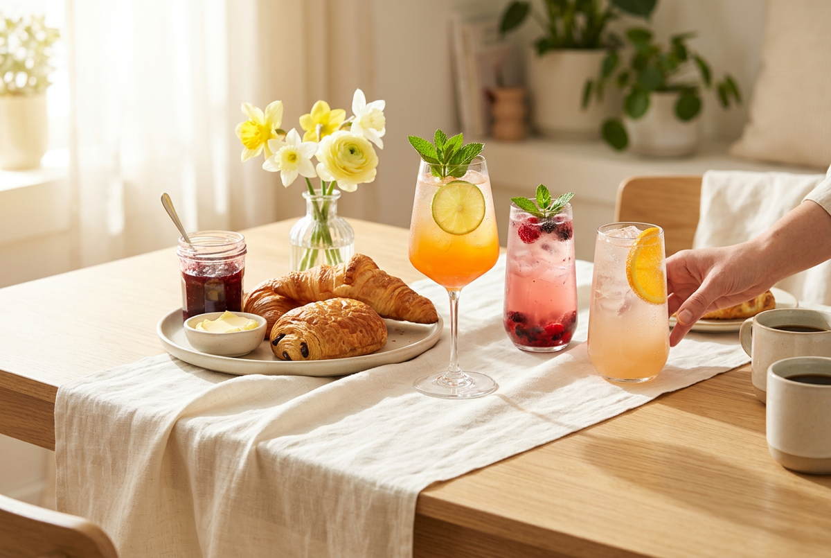 Bright brunch scene with pastries, colourful drinks, and fresh flowers
