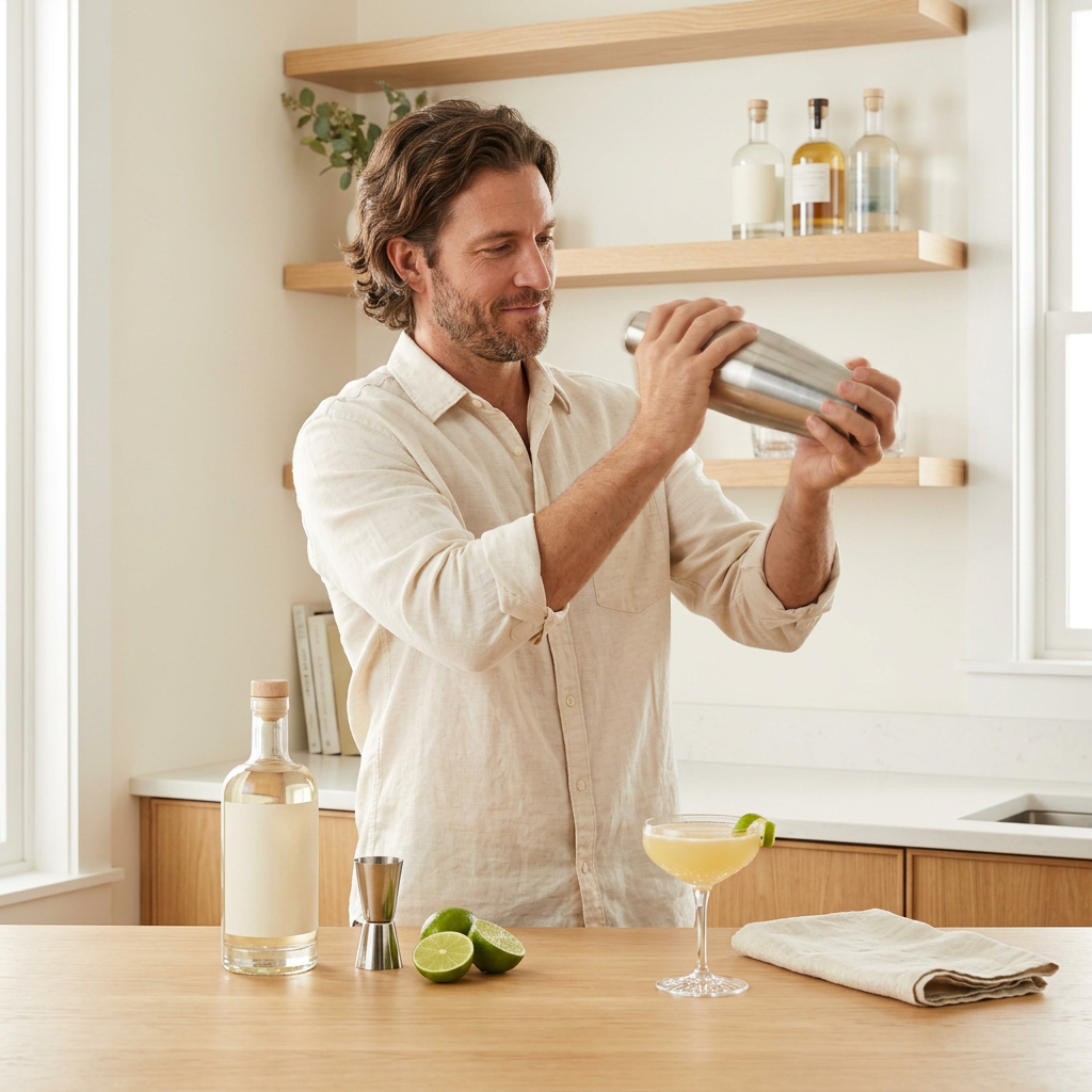 One host shaking a cocktail in a warm cream-and-wood kitchen