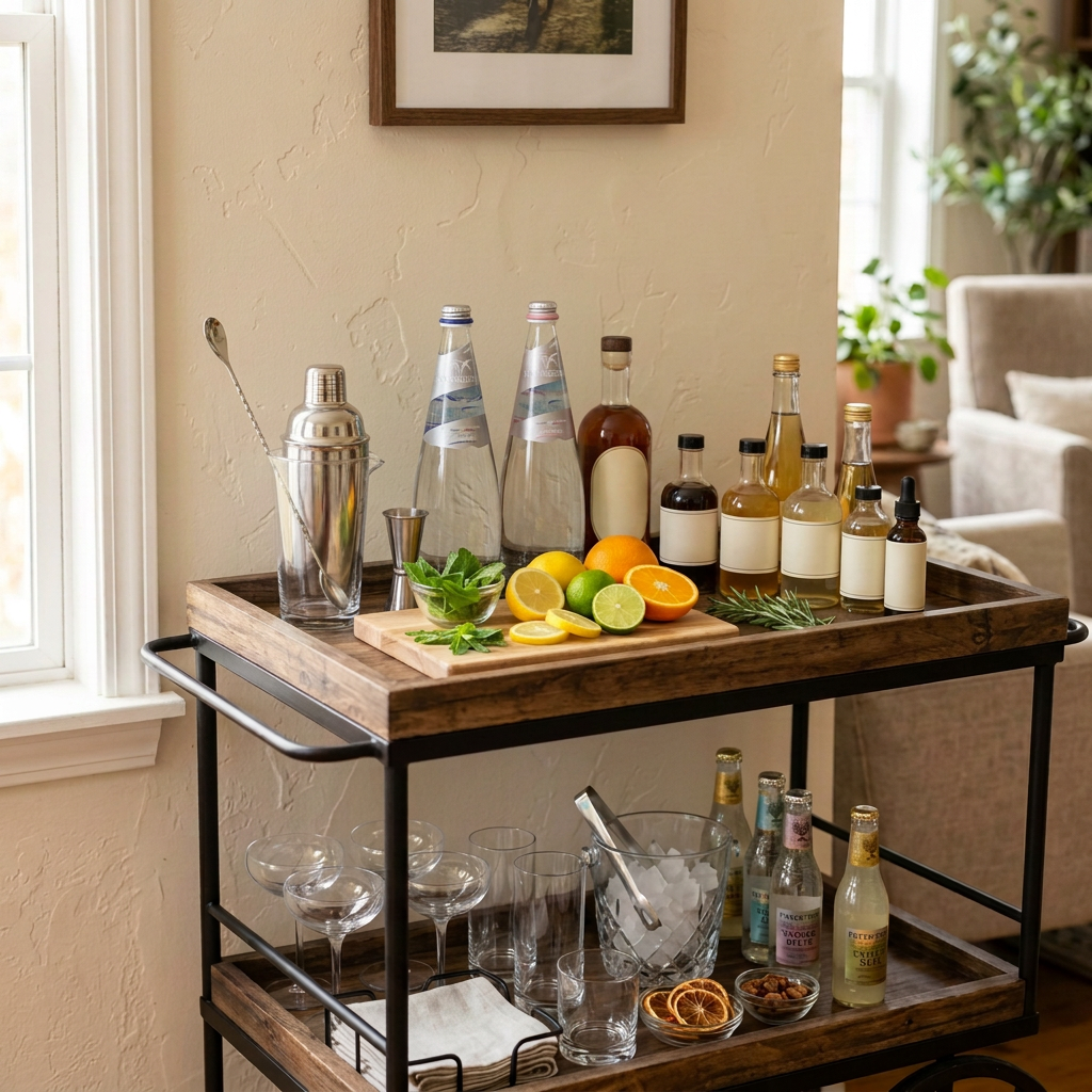 Bar cart revised with San Benedetto glass water bottles